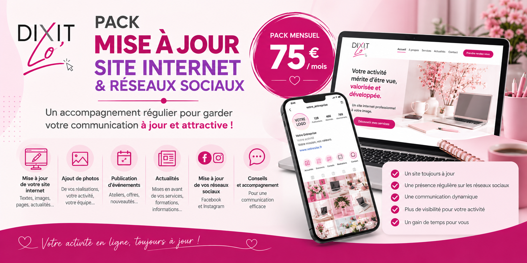 Pack mensuel mise à jour site internet et réseaux sociaux DIXIT Lo' à 75 euros par mois
